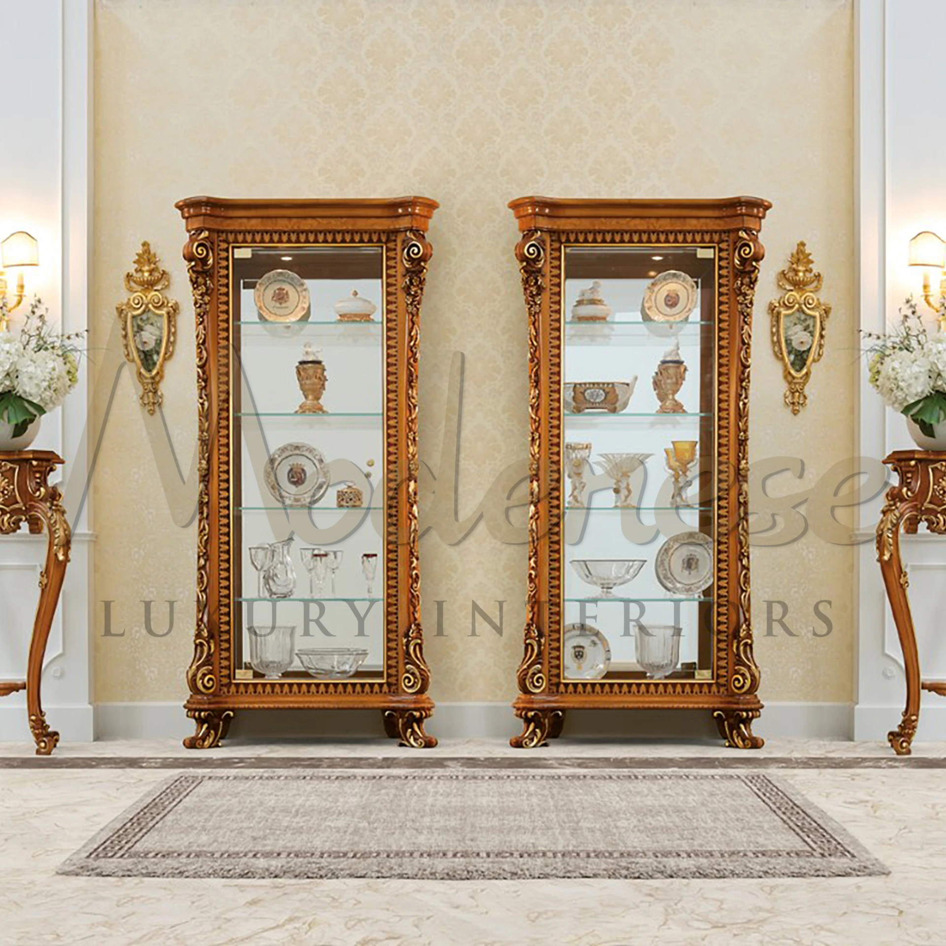 Discover Modenese Furniture's stunning vitrine, ideal for showcasing dining room treasures. Its expansive glass panels illuminate crystalware with reflected chandelier brilliance.