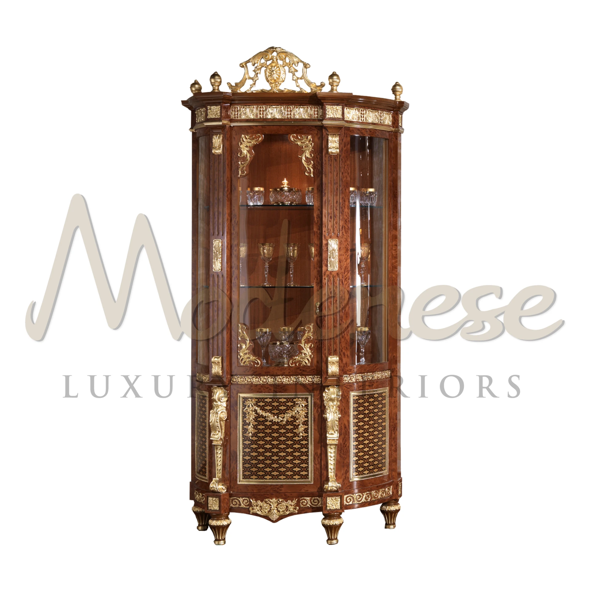 Discover a masterpiece from Modenese Furniture—a vitrine crafted with solid wood, marqueteries, and exquisite gold leaf details.