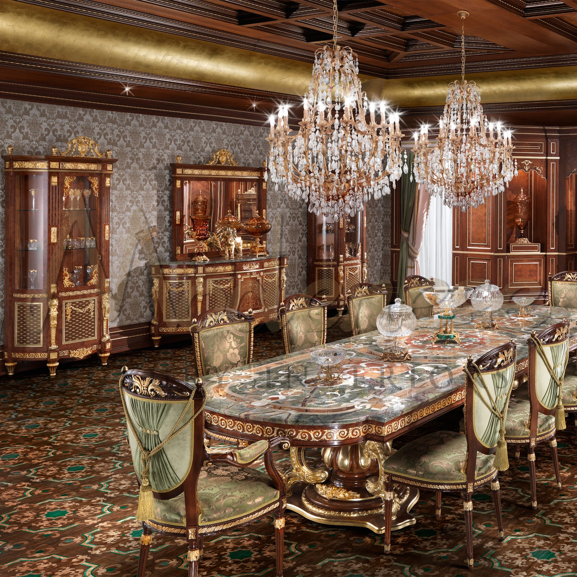 Experience with Modenese Furniture's - crafted from solid wood, featuring marqueteries, and intricate golden carvings.