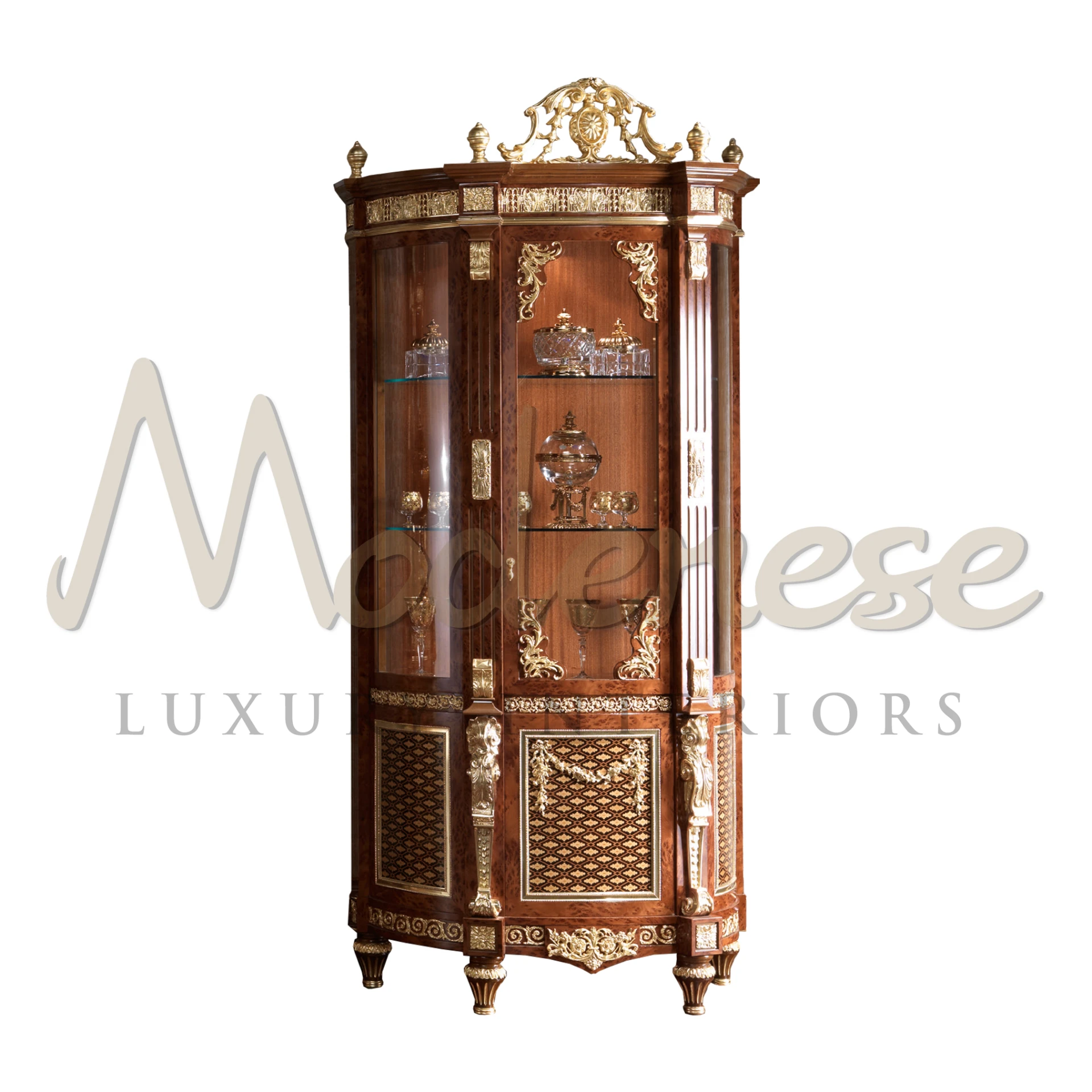 Adorn your space with this exquisite vitrine by Modenese Furniture. Expertly crafted with solid wood, intricate marquetry, and lavish golden accents.