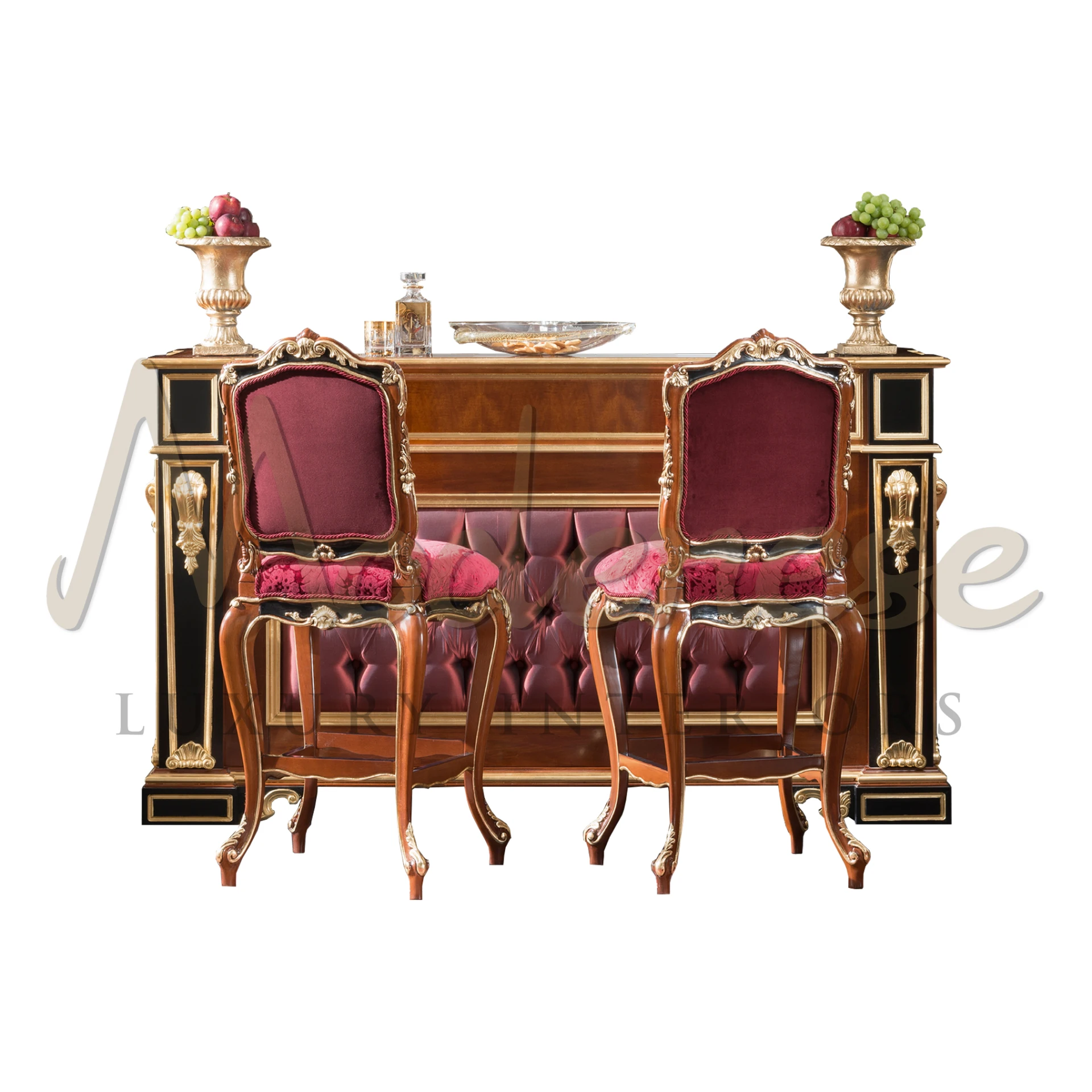 Experience true Made in Italy luxury with this cozy red bar interior. Hand-decorated with gold leaf details, upholstered front, and solid wooden structure.