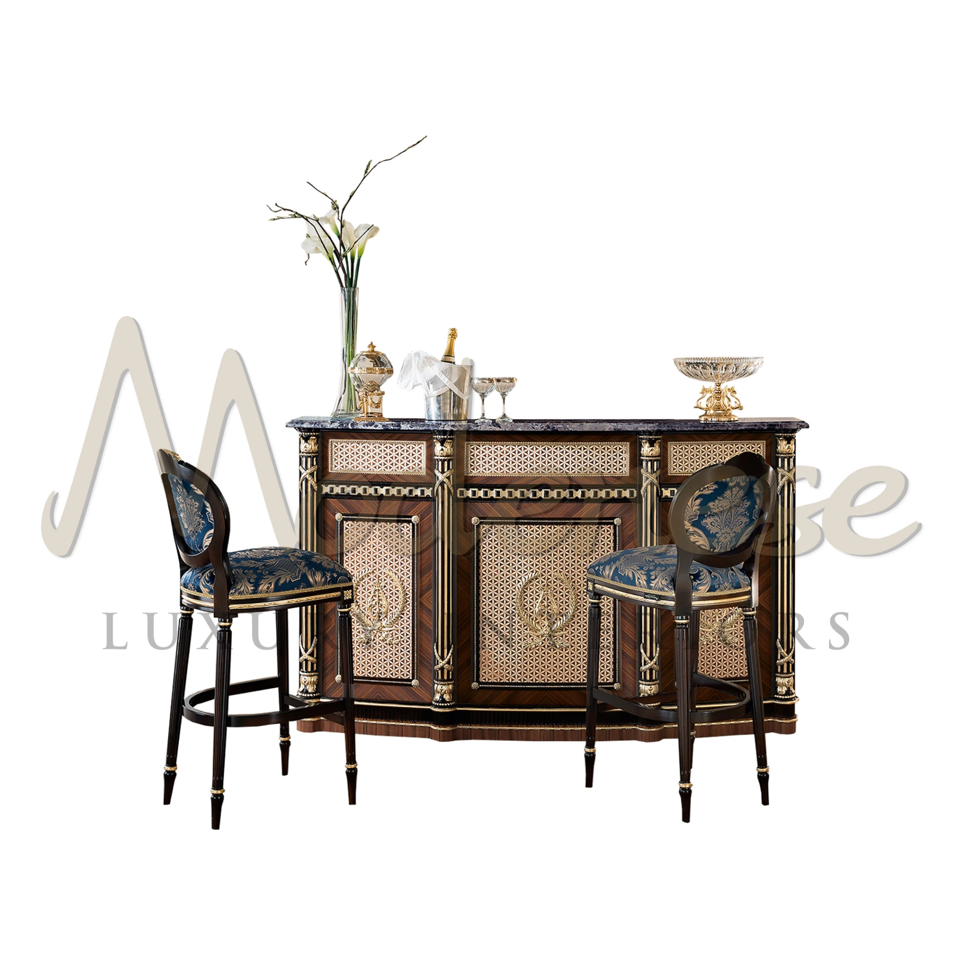 Impress your guests with Modenese Furniture's exquisite rosewood bar cabinet. Adorned with black lacquer, gold leaf, and intricate carvings.