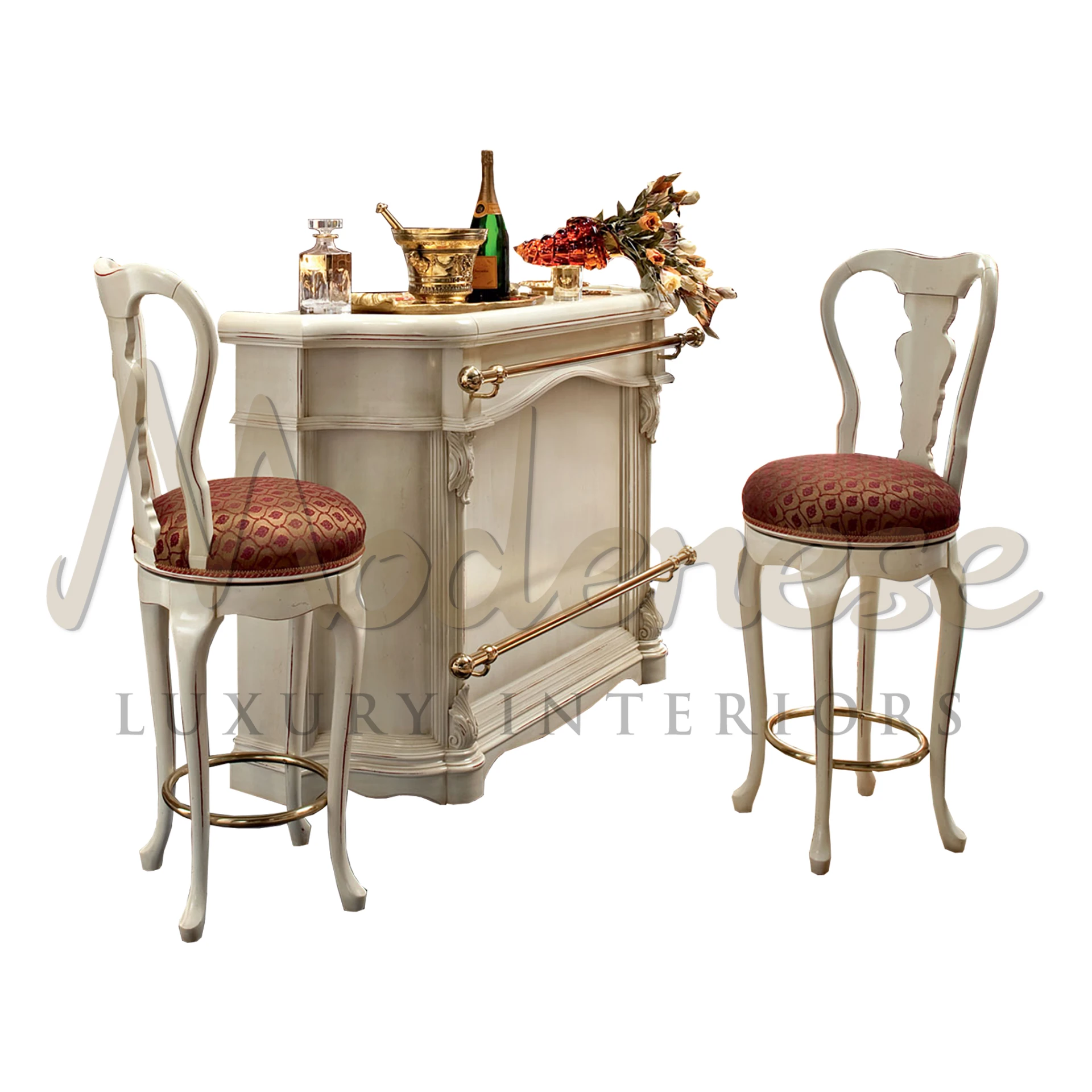 Explore this exquisite bar cabinet with ivory lacquer finish and golden metal accents. Ample storage for barware. From Modenese Furniture.