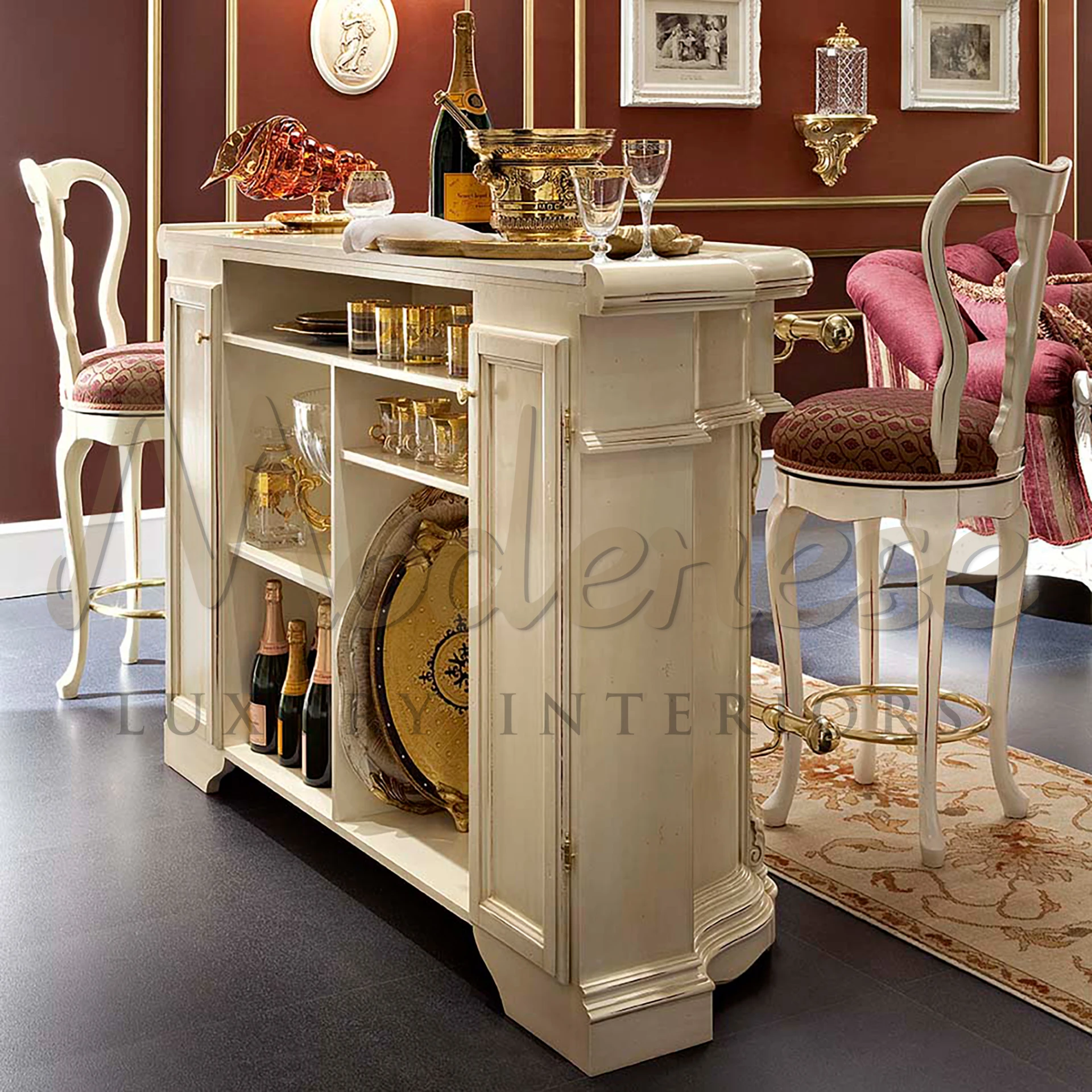 An elegant bar cabinet with ivory lacquer finish and golden metal accents. Ample storage space. From Modenese Furniture.