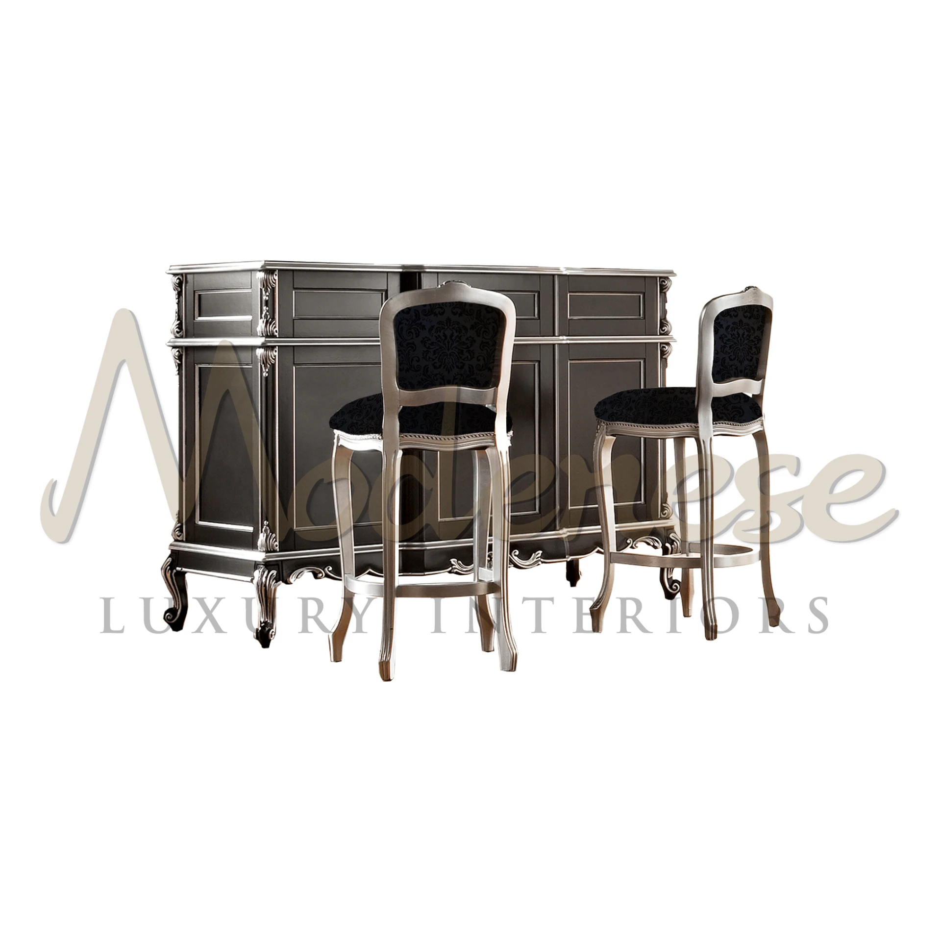 Classic bar cabinet with patinated ivory and radica finishings, baroque carved legs. Spacious interior for arranging barware. Expertly crafted by Modenese Furniture.