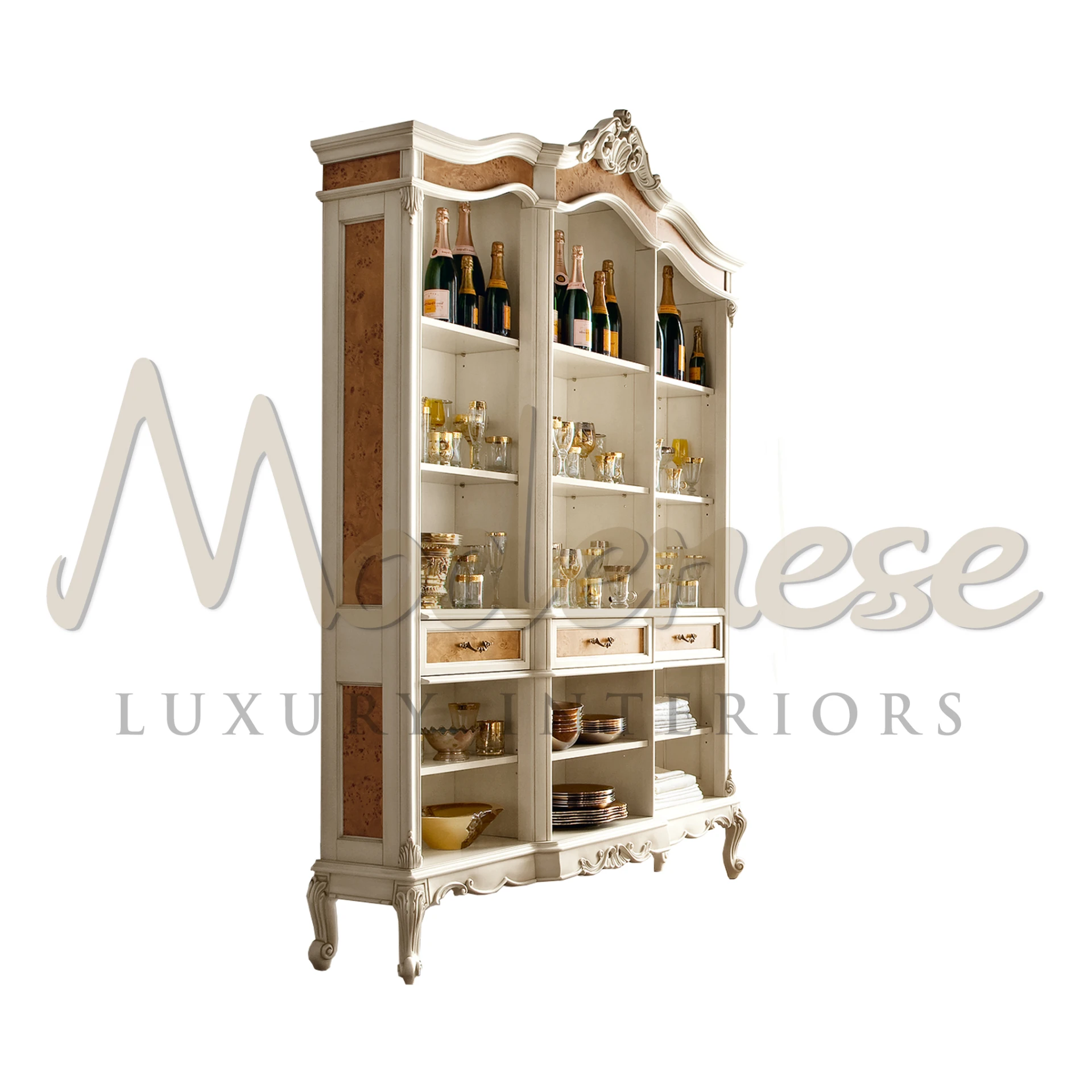 Explore Modenese Furniture's solution for storage with this spacious showcase featuring 15 open compartments and 3 drawers, all elegantly finished.