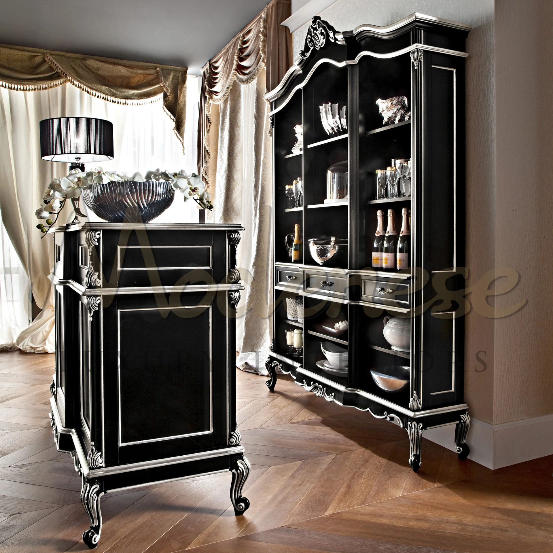 Modenese Furniture presents a luxurious showcase in ivory finish with ample storage for drinks and bar essentials.