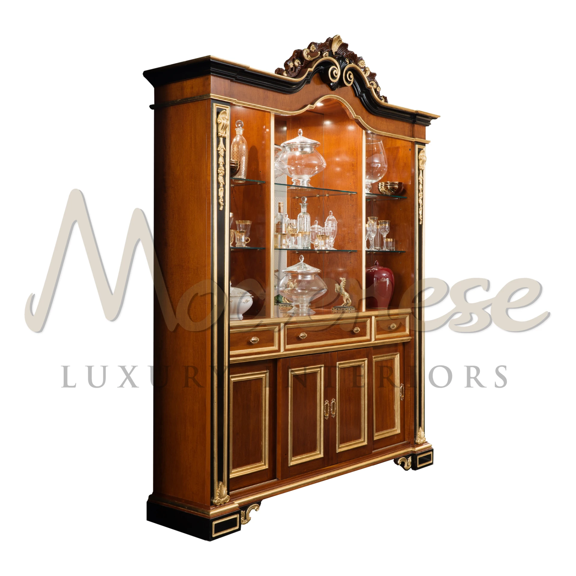 Elegant baroque-style structure in classic walnut finish with black lacquered and gold leaf details. Perfectly complements a paired bar setup.