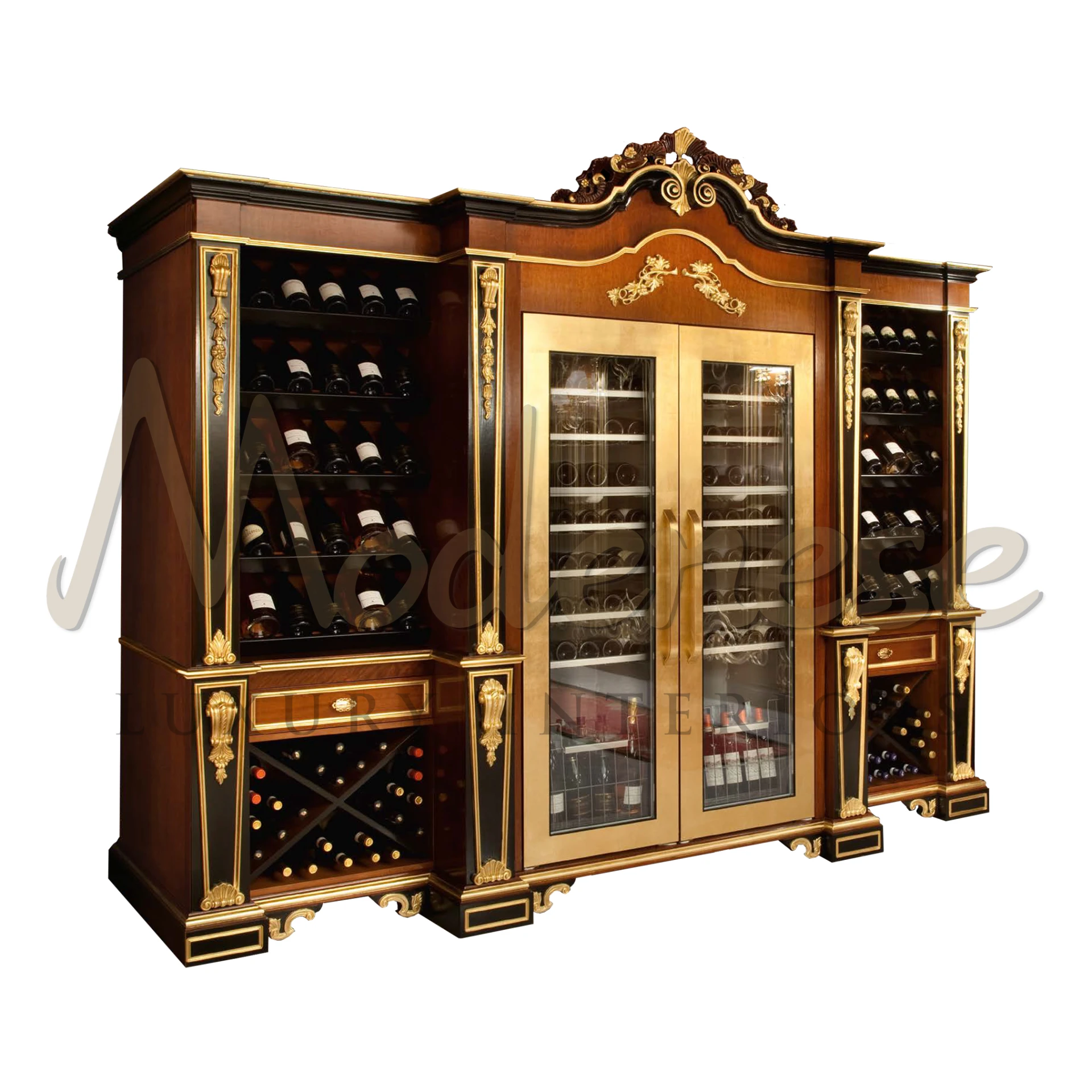 Modenese Furniture's bespoke showcase holds over 100 bottles, featuring a fridge for temperature control. Italian craftsmanship with classic wood, gold, and baroque details.