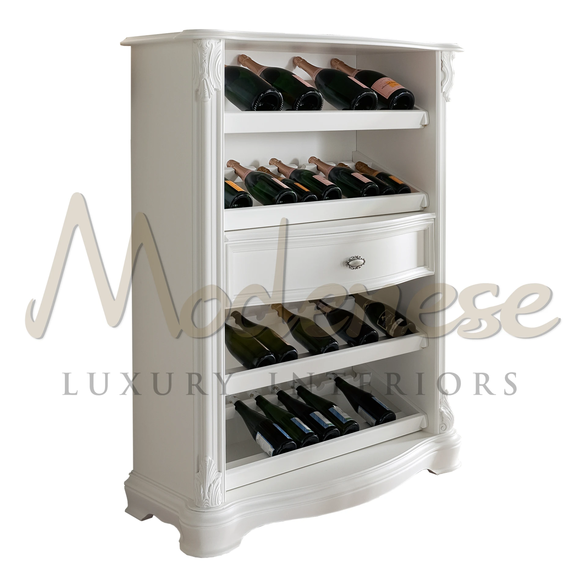 Functional and stylish, this rack includes a drawer and shelves. Solid wood construction in a white lacquer finish.