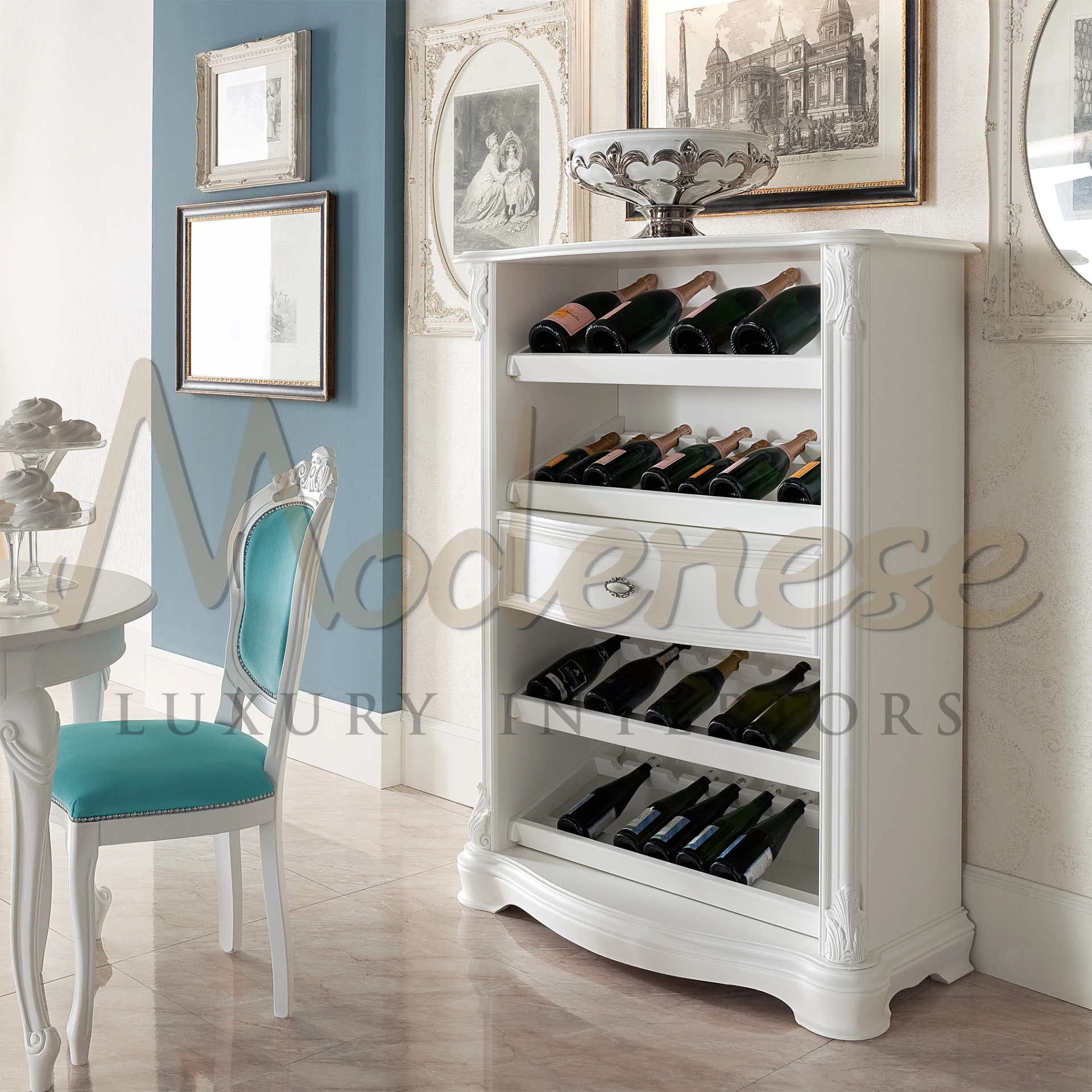This rack offers more than just storage, with a drawer and shelves along with room interior. Solid wood construction, elegantly lacquered in white.