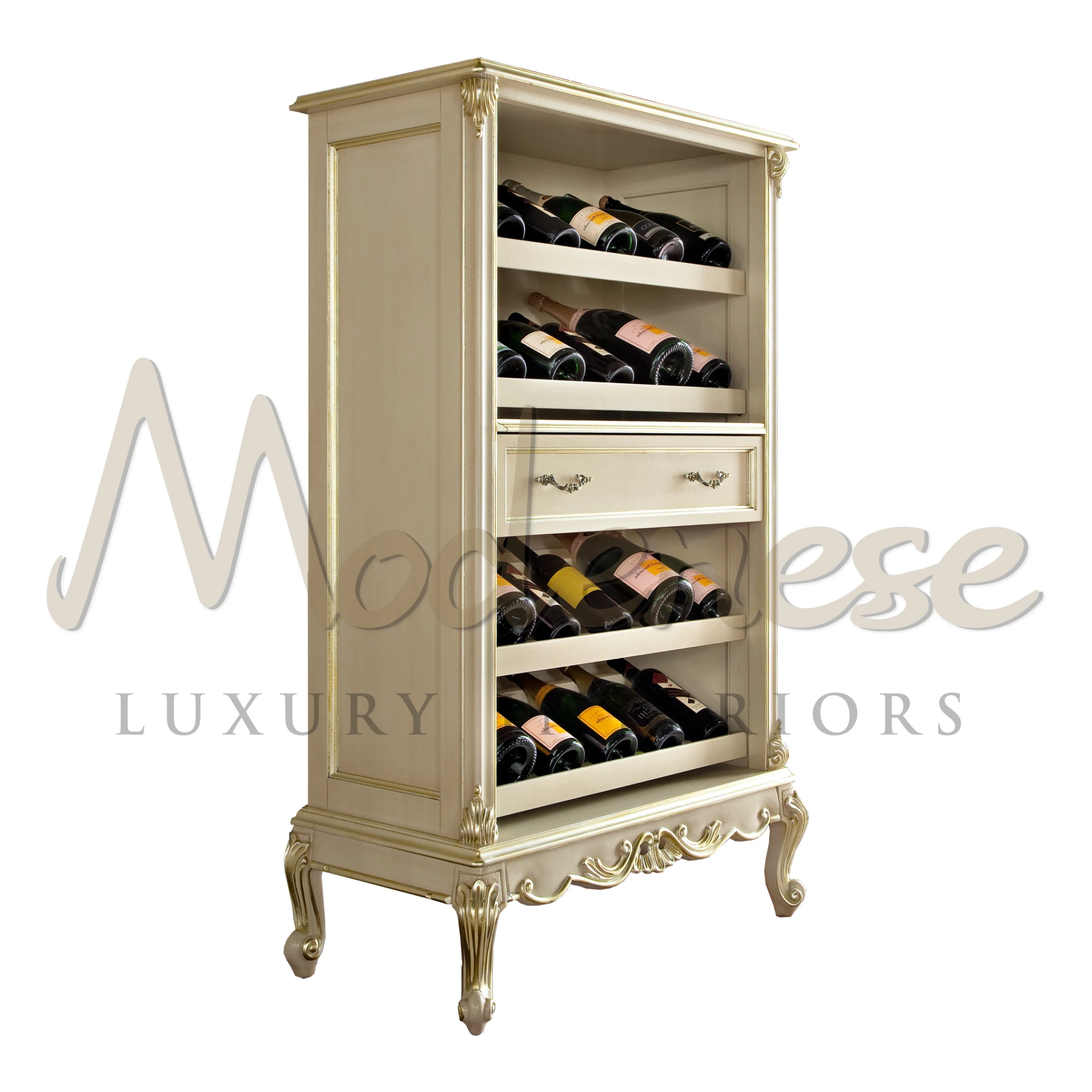 Experience your wine storage with this luxurious bottle rack, featuring solid wood construction, ivory lacquer, and elegant gold leaf accents.