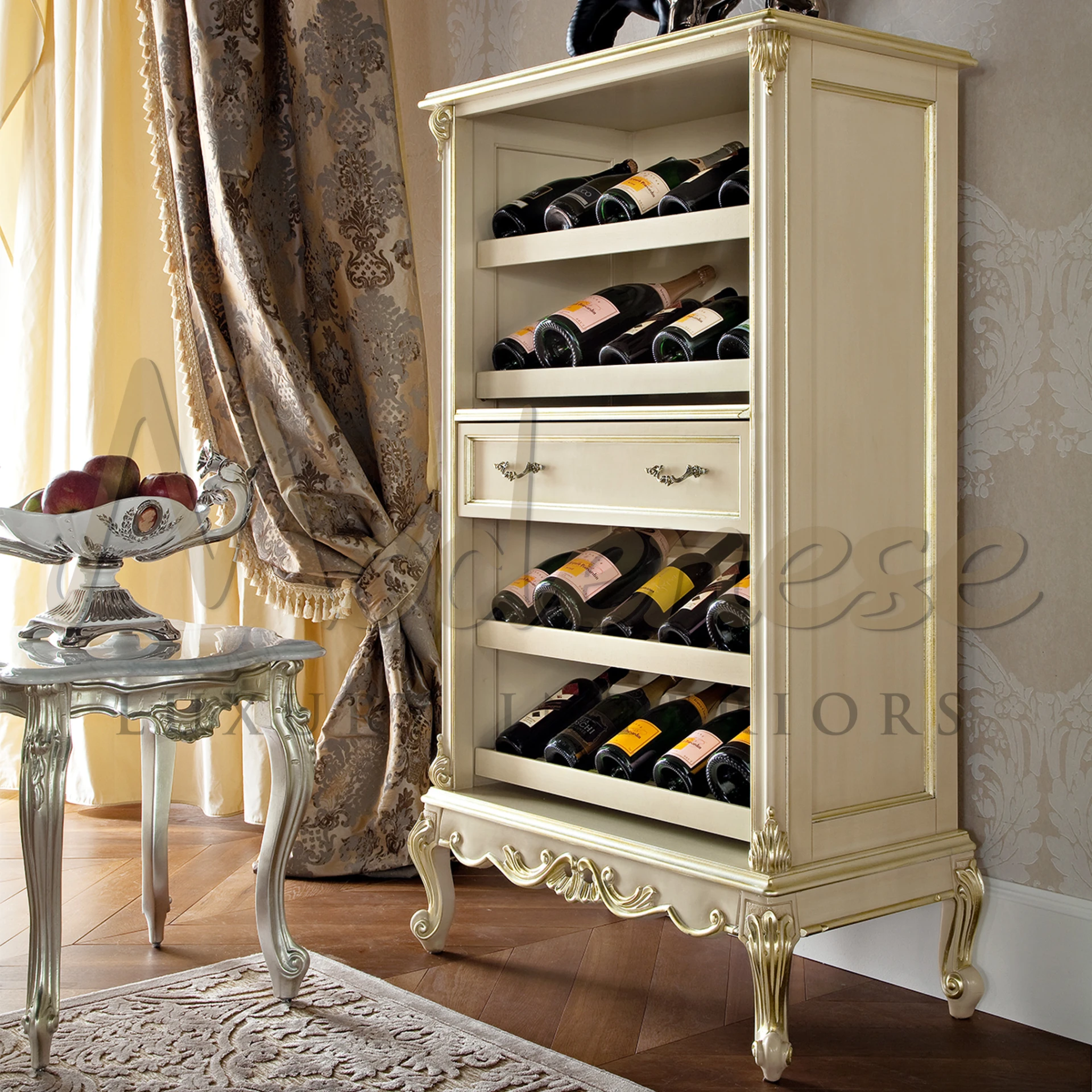Organize your wine collection in style with this sophisticated bottle rack, crafted from sturdy wood and adorned with ivory lacquer and golden leaf embellishments.