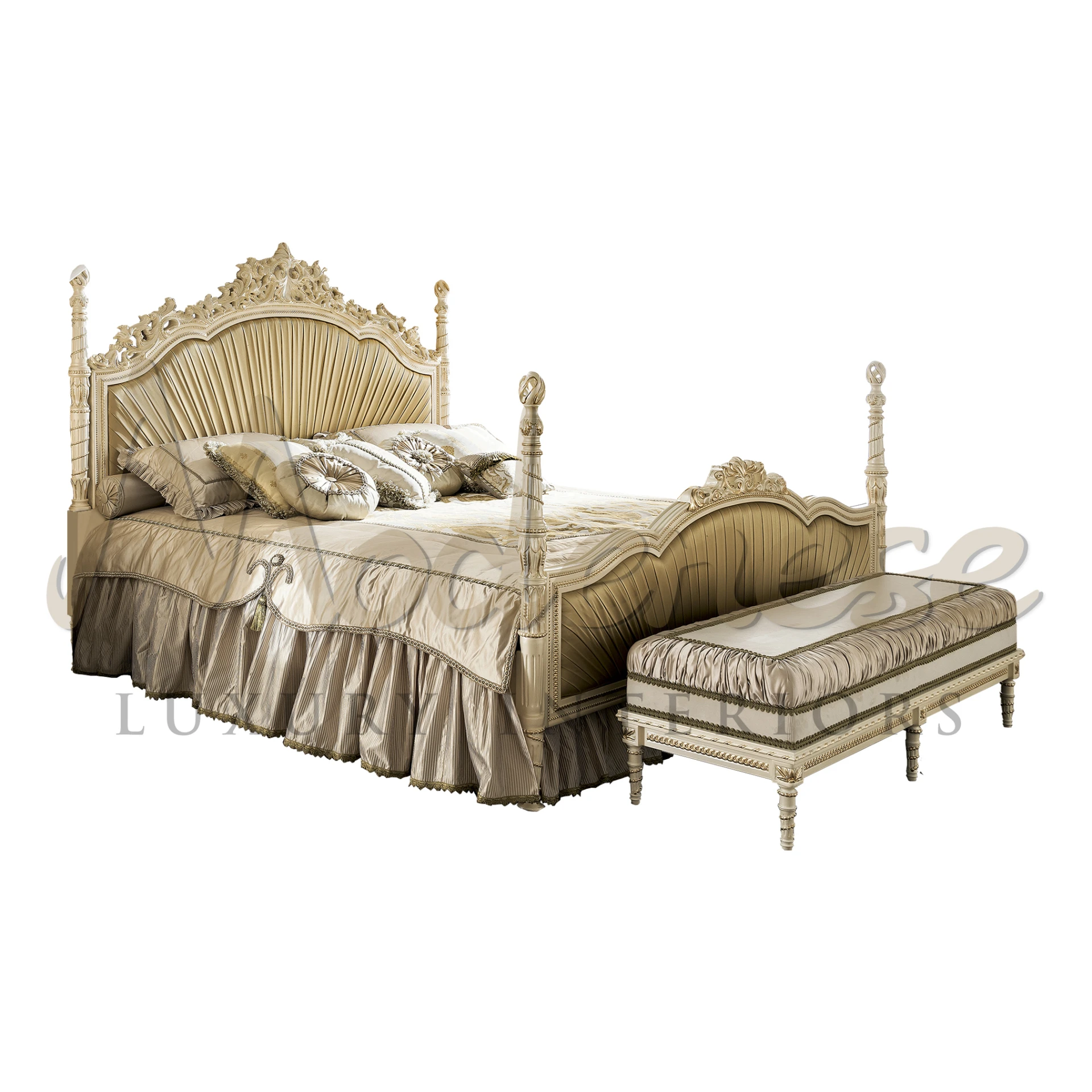 An exquisite beige double bed with detailed carvings on the headboard and footboard, complemented by an elegant matching bench at the foot, all featuring luxurious drapery and plush bedding.