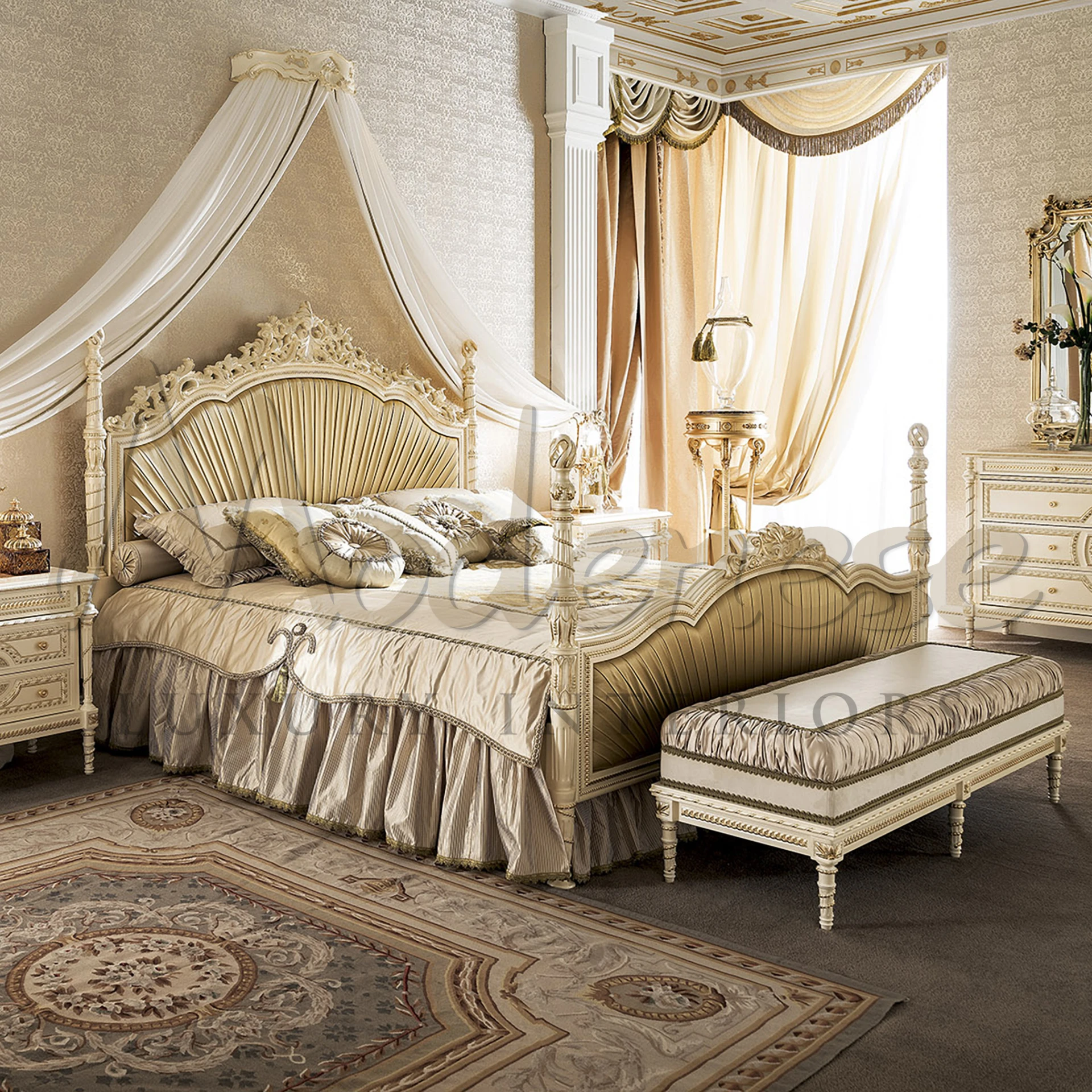 An opulent bedroom featuring a large, ornate canopy bed with a high, decorative headboard and matching footboard, both in a cream and gold color scheme. 