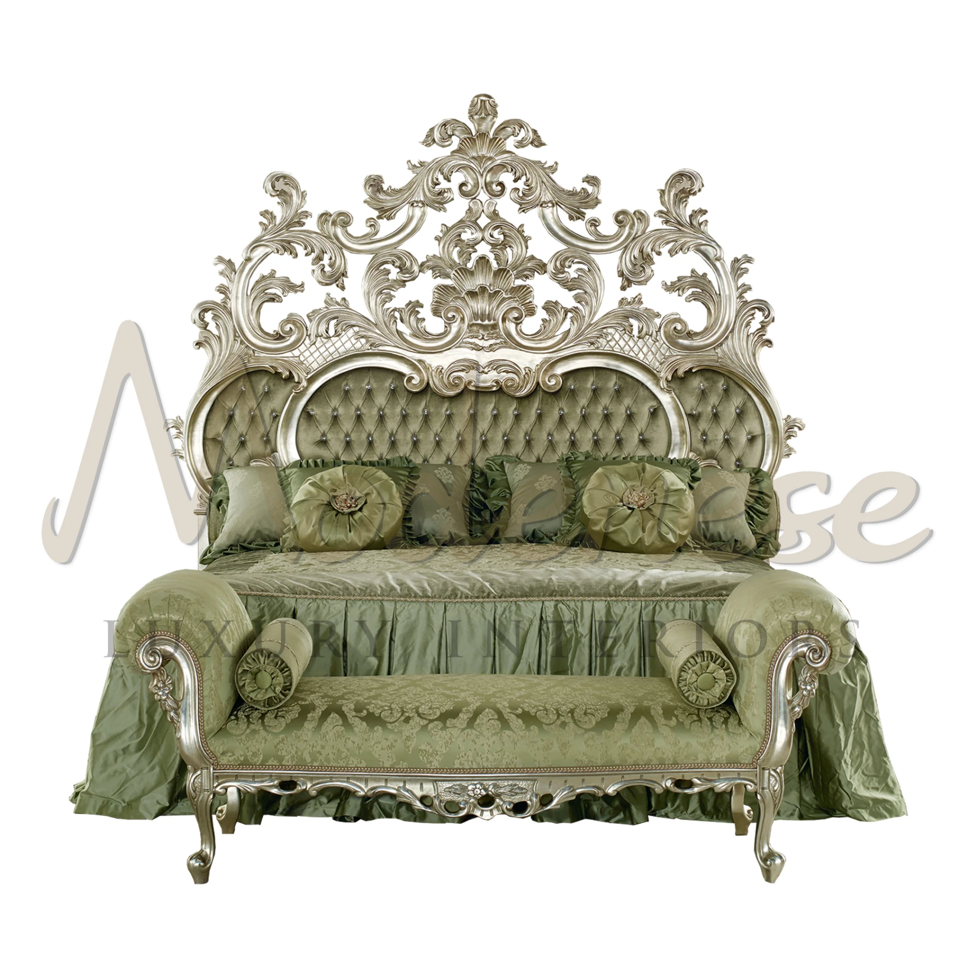 Luxury baroque-style sofa with a high, elaborately carved backrest and armrests. The sofa is upholstered in a luxurious tufted fabric in a shade of olive green, with matching green cushions. 