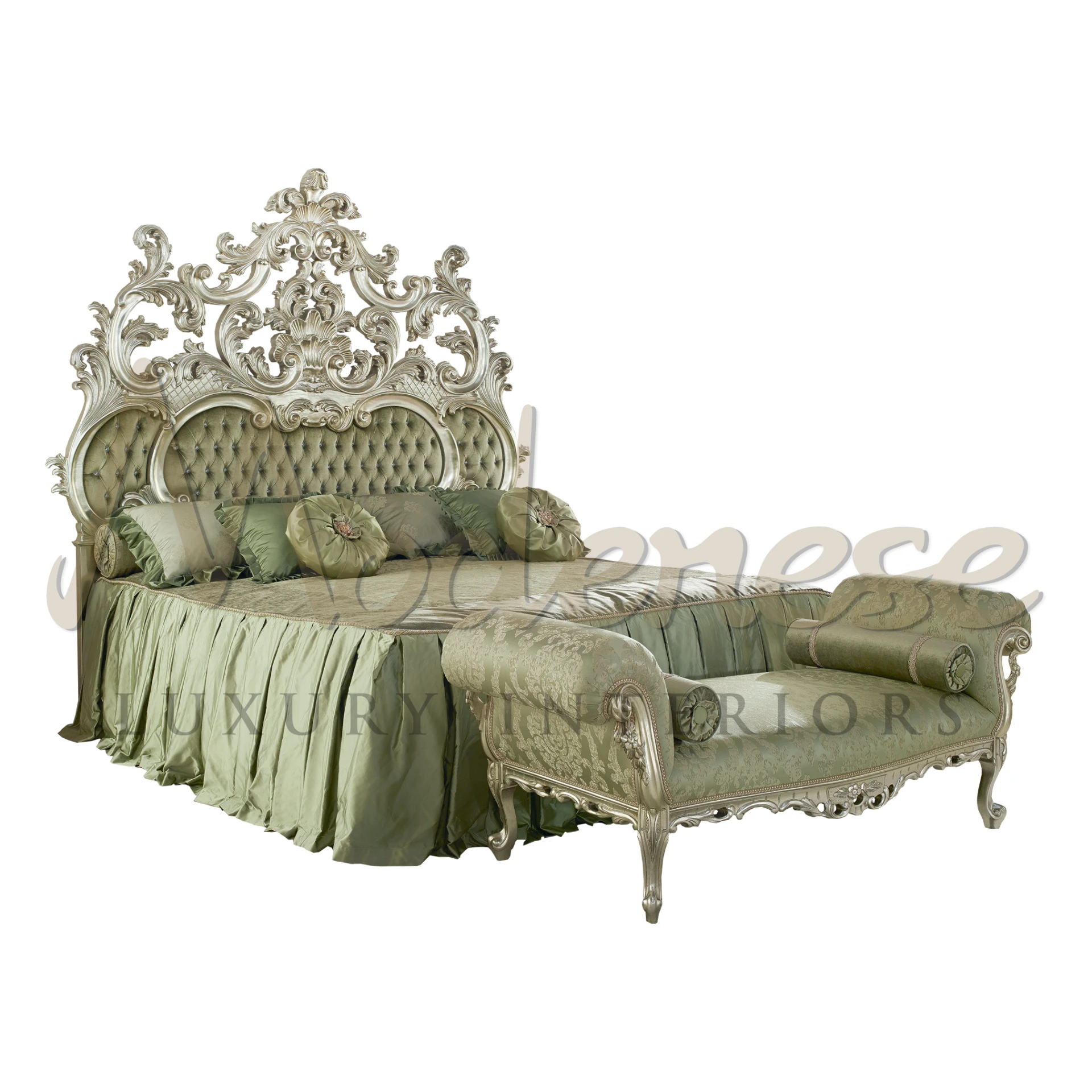 A luxurious baroque-style bed with a high, ornately carved headboard and a matching footboard. The upholstery is a plush, tufted olive green fabric that also covers the included pillows. 