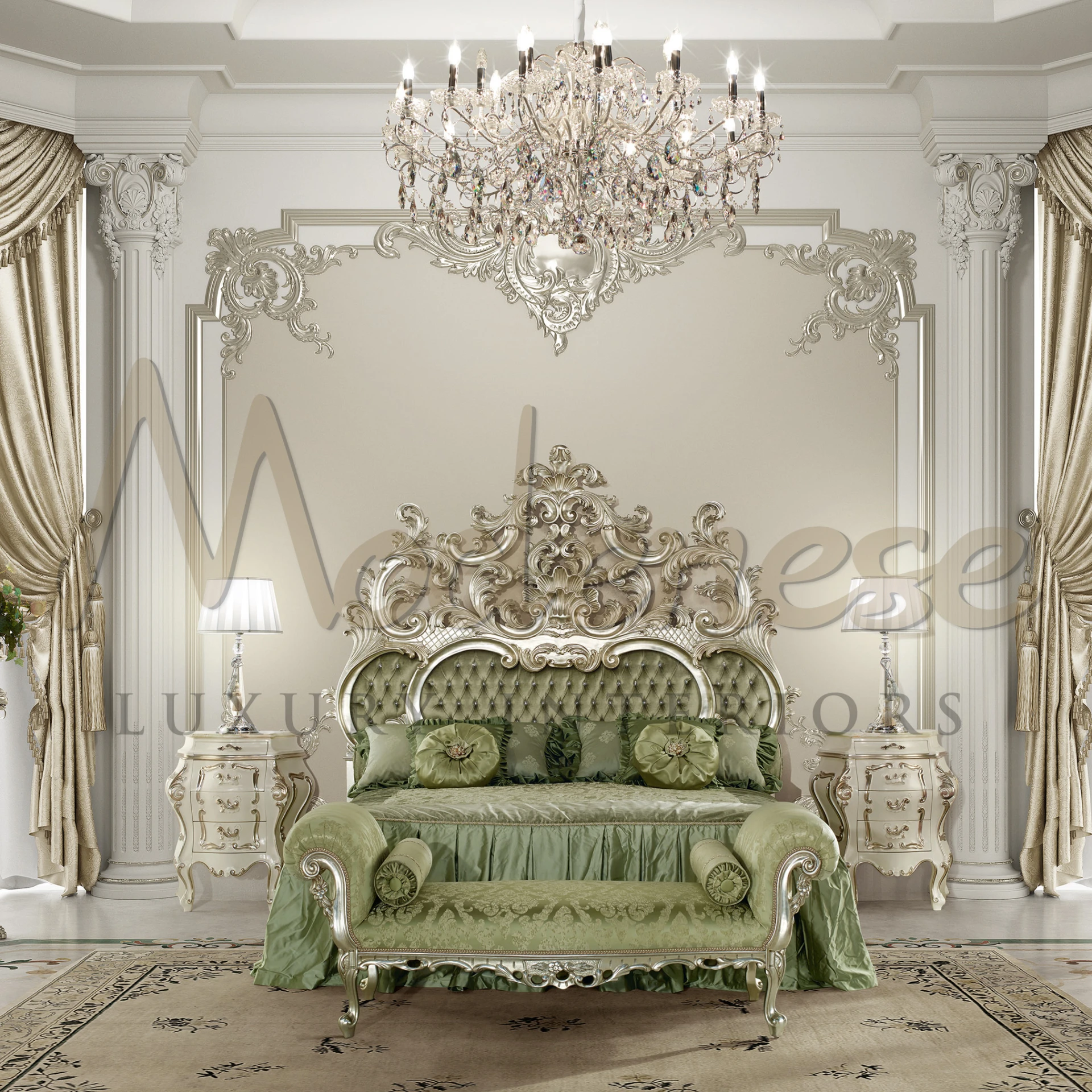The bed is dressed in a sumptuous olive green fabric, with a quilted pattern on the mattress and a collection of plush pillows and a bolster, all featuring decorative elements. 