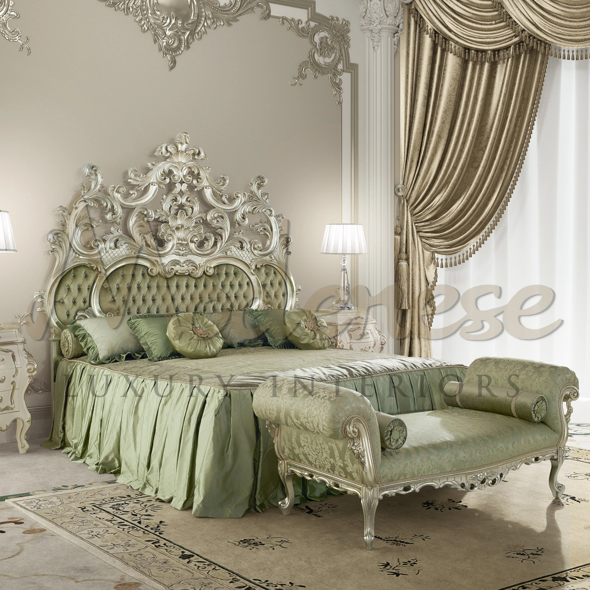 A luxurious bedroom featuring a statement bed with an ornate, sculpted headboard that has detailed carvings and is finished in a glossy, metallic tone.