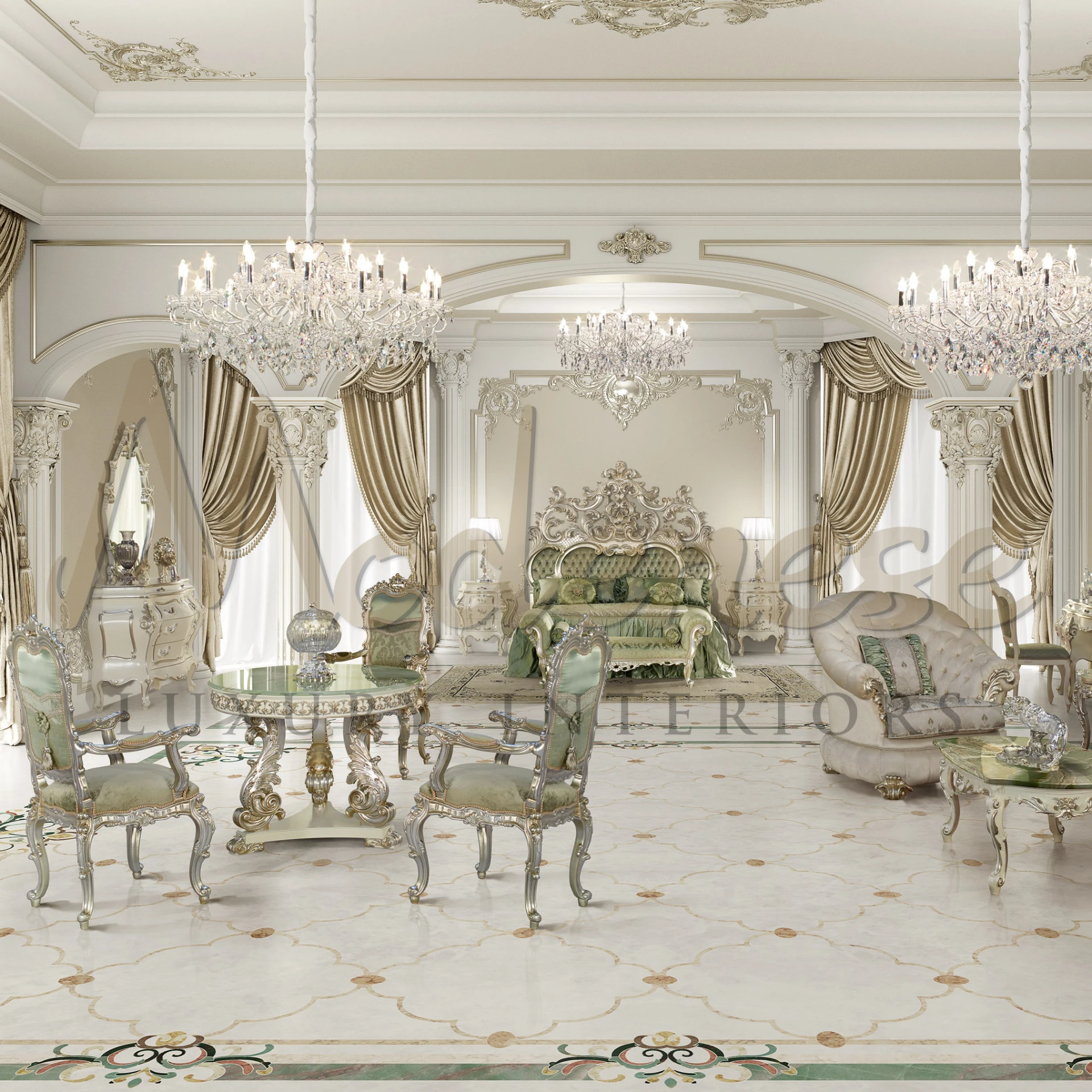 A palatial bedroom suite bathed in natural light, exuding an air of classical luxury. The room is furnished with a large, baroque-style bed featuring a silver-gilded, ornately carved headboard. 