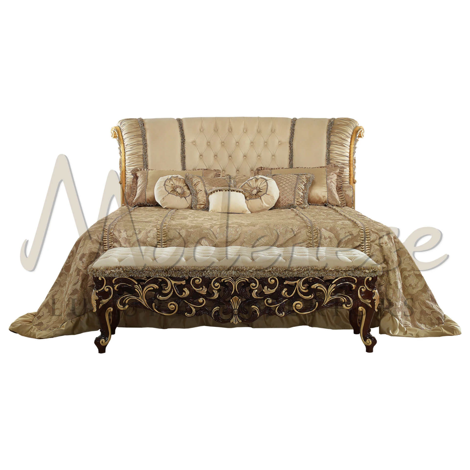 The daybed features a high, tufted backrest in a creamy beige upholstery, adorned with diamond-patterned buttoning that adds texture and elegance.  The piece rests on elegantly turned wooden legs.