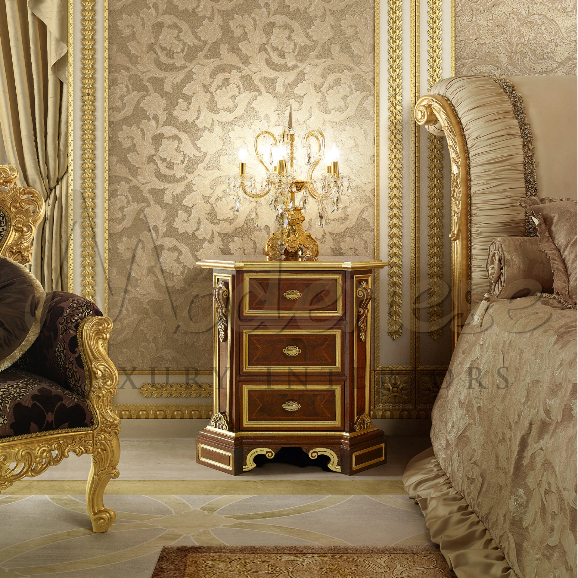 The focal point is an elegant bedside table inlaid with geometric patterns and rich wood tones, featuring brass handles and marble top, upon which rests a lavish crystal candelabra lamp. 