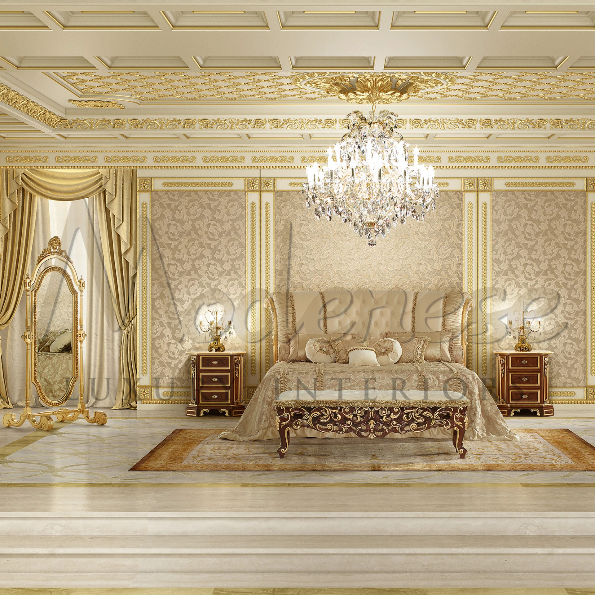  A grand bedroom that radiates opulence and classical elegance. A large, luxurious bed with a high, ornate headboard and footboard finished in dark wood with gold detailing is positioned centrally. 