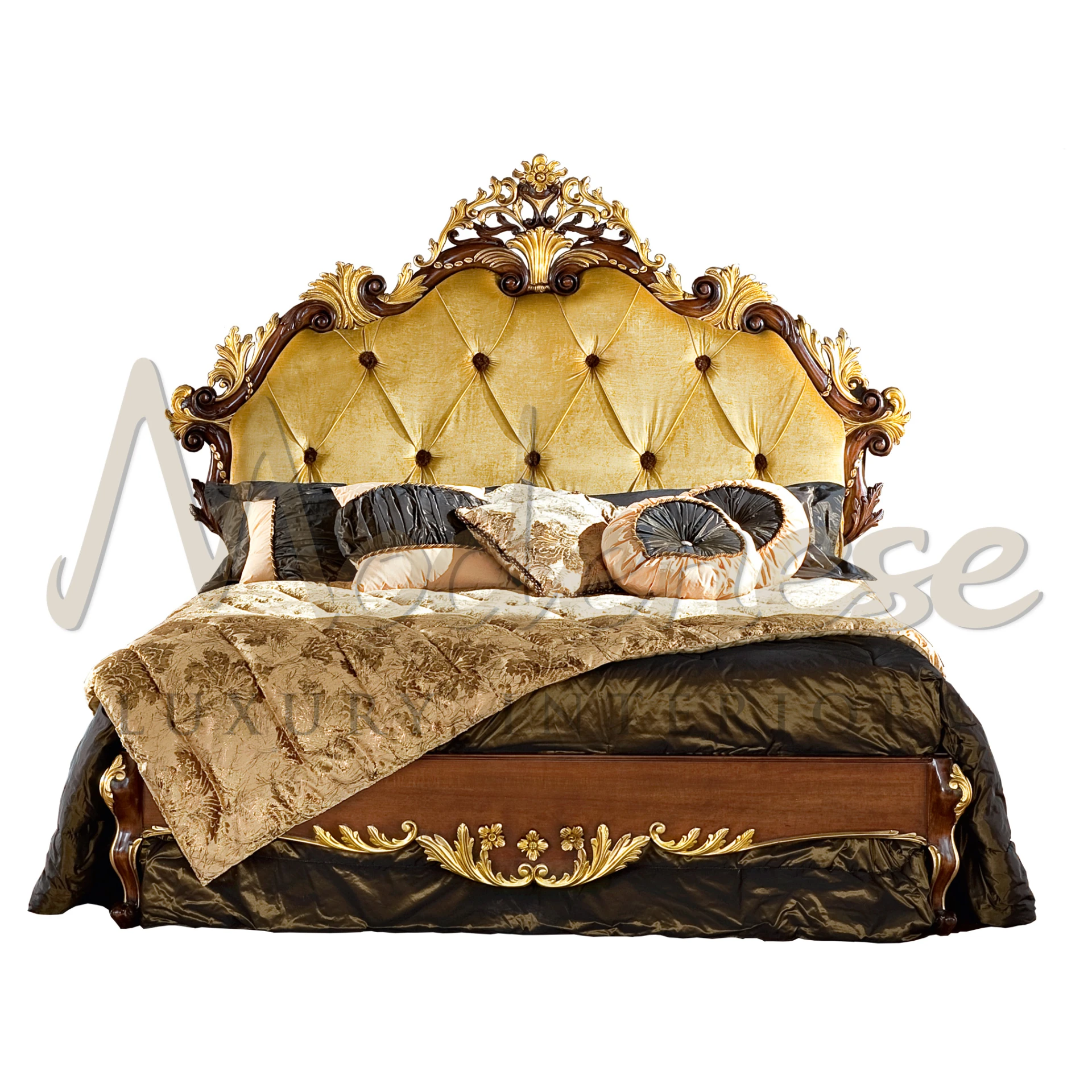 An extravagant bed with a striking headboard, richly upholstered in golden fabric with diamond tufting and adorned with ornate carvings at the crest. 