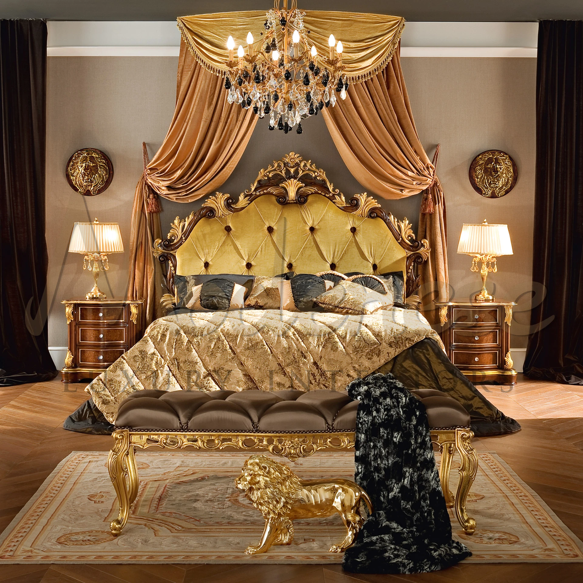 An opulent bedroom featuring a bed with a golden tufted headboard and ornate wood details, luxurious bedding, matching bedside tables with lamps, a grand chandelier, and a bench with golden lion.