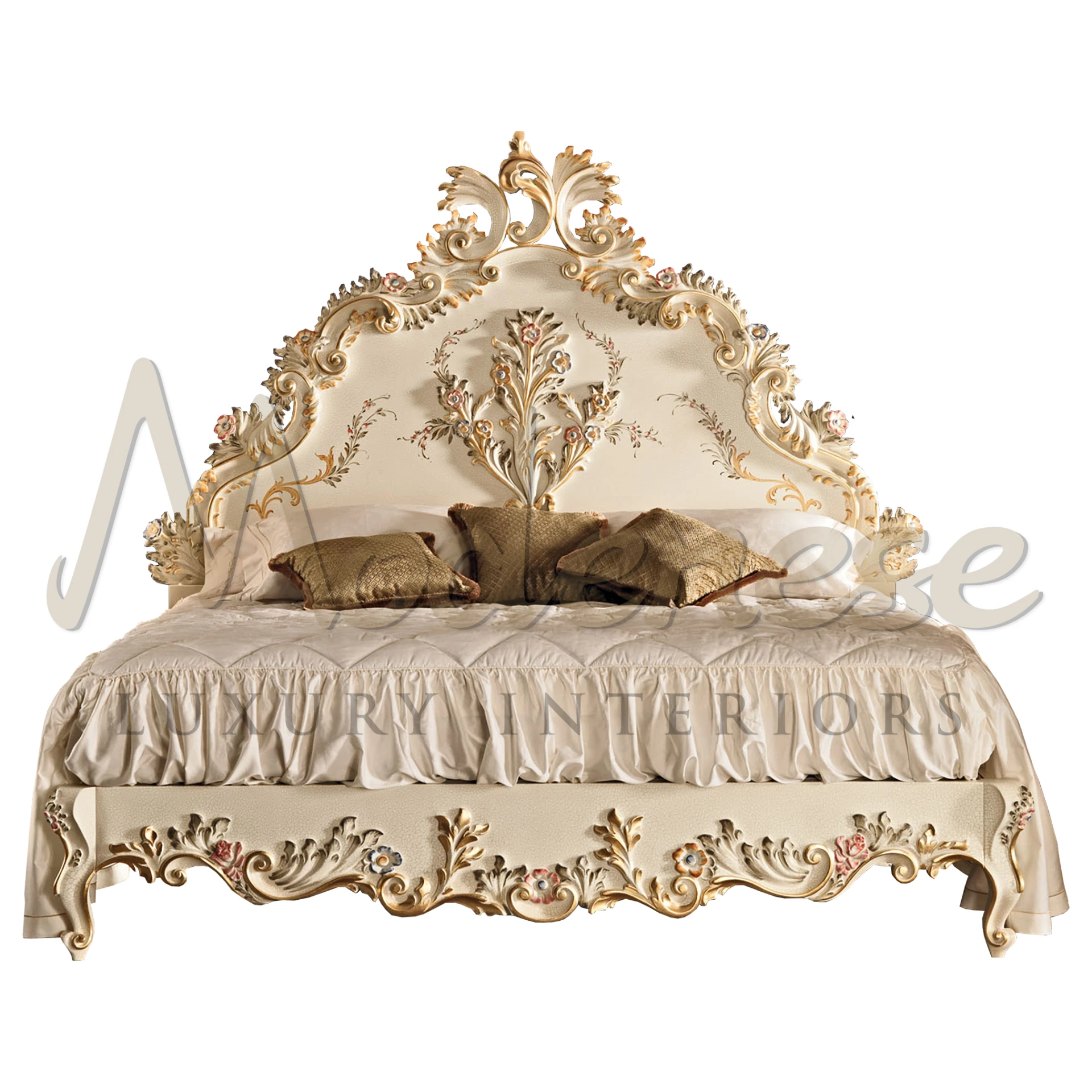 An exquisite bed with an elaborate cream and gold headboard featuring ornamental carvings and floral accents, complemented by plush golden pillows and a ruffled bedspread.