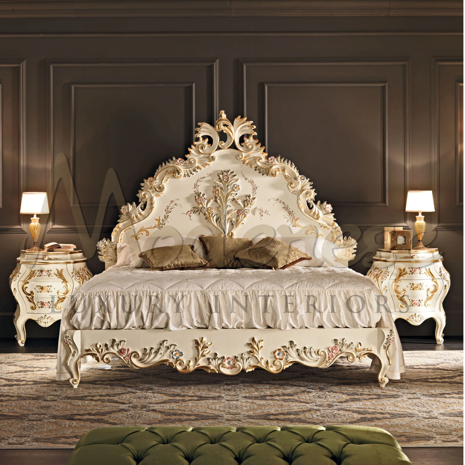 A baroque bed from Modenese Furniture Manufacturer with elaborate carvings and gold accents, complemented by matching nightstands and a lamp, against a dark wall.