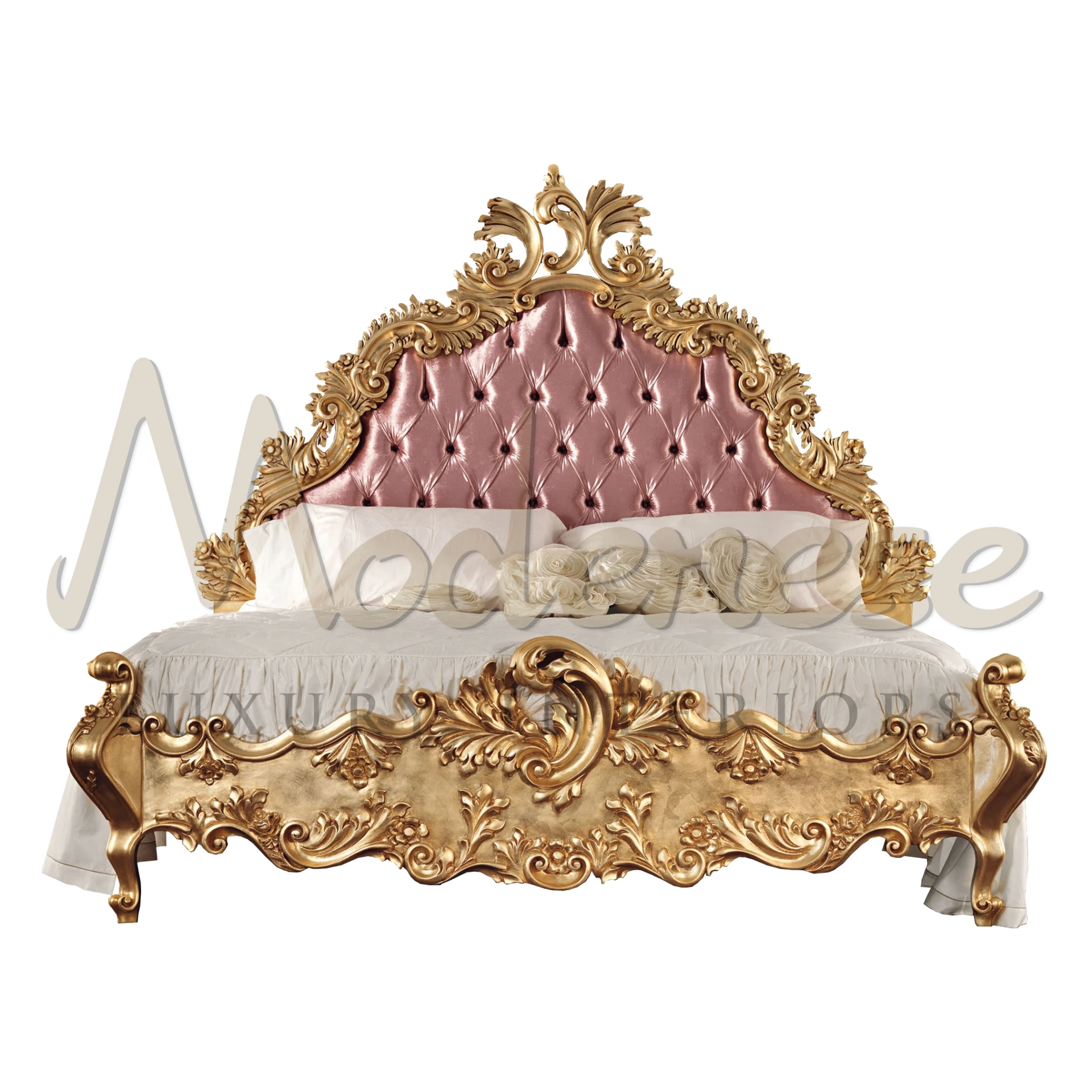 A luxurious classic bed by Modenese Furniture Manufacturer with a pink tufted headboard and gold ornate details, exuding an air of royal timeless elegance.