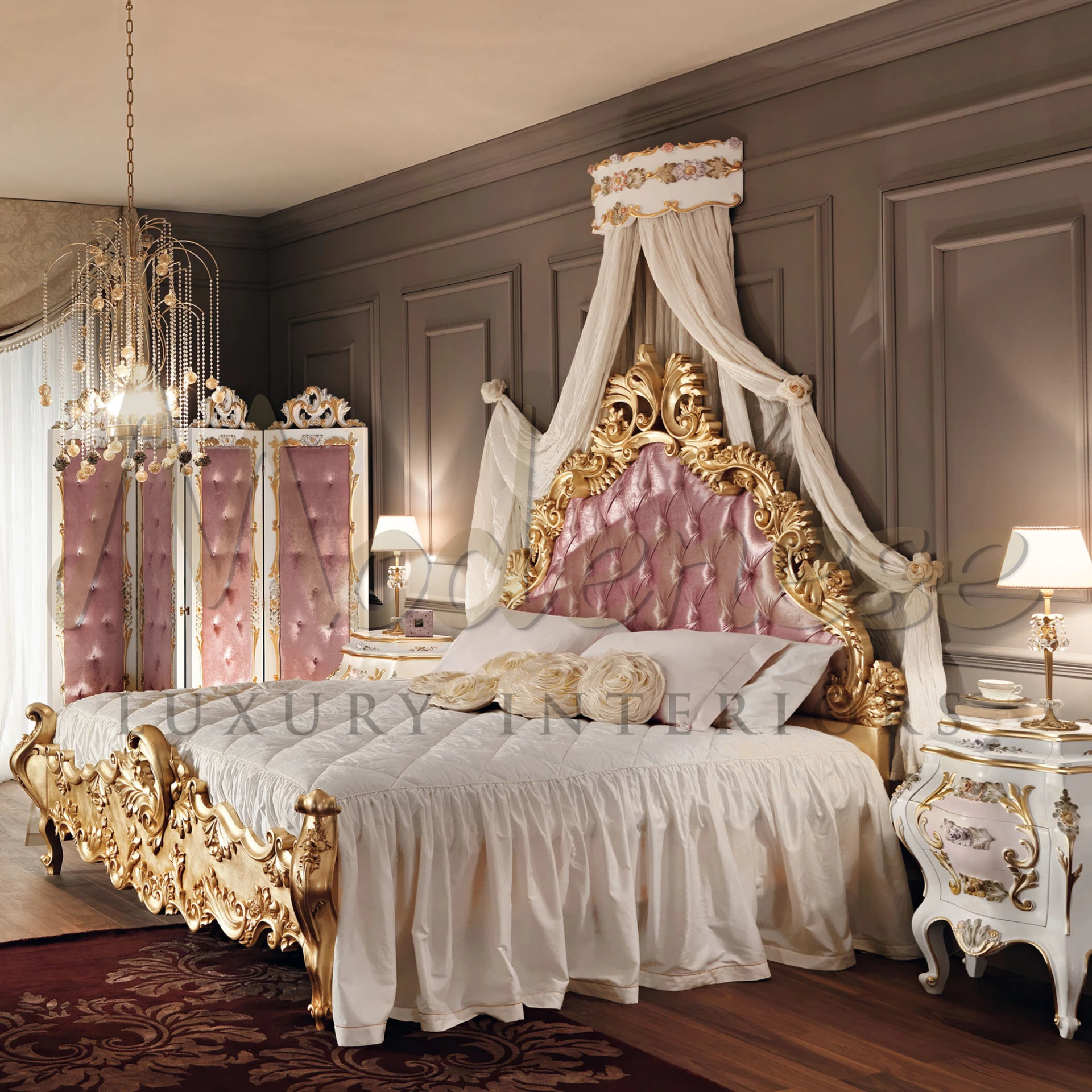 Elegant four-poster bed with a pink and gold headboard, ornate golden decorations, and sheer canopy in a classic bedroom created Modenese Furniture Manufacturer.