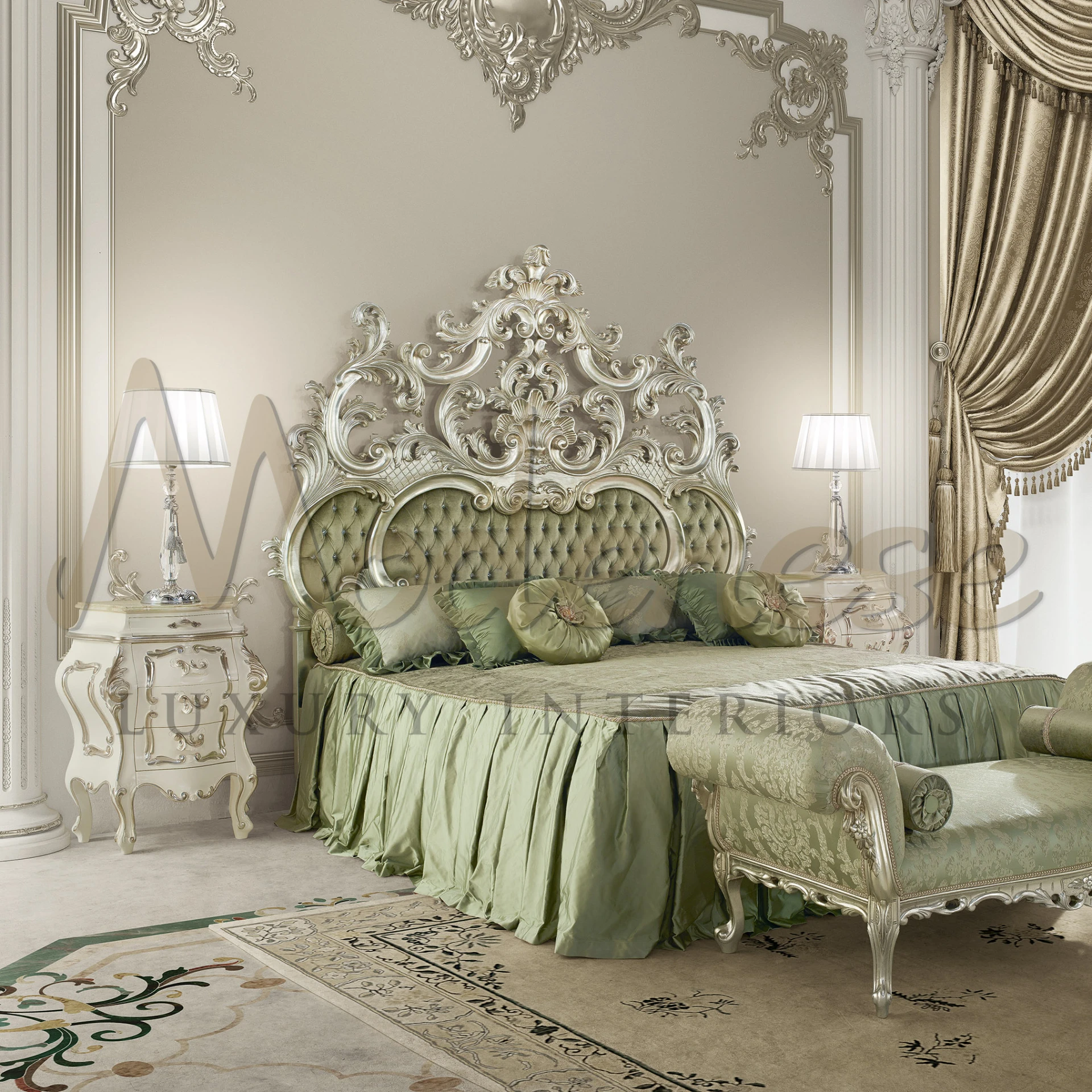 Sumptuous Modenese bedroom set with a grand baroque headboard, elegant green silk bedding, ornate nightstands, and classical table lamps. 100% made in Italy.