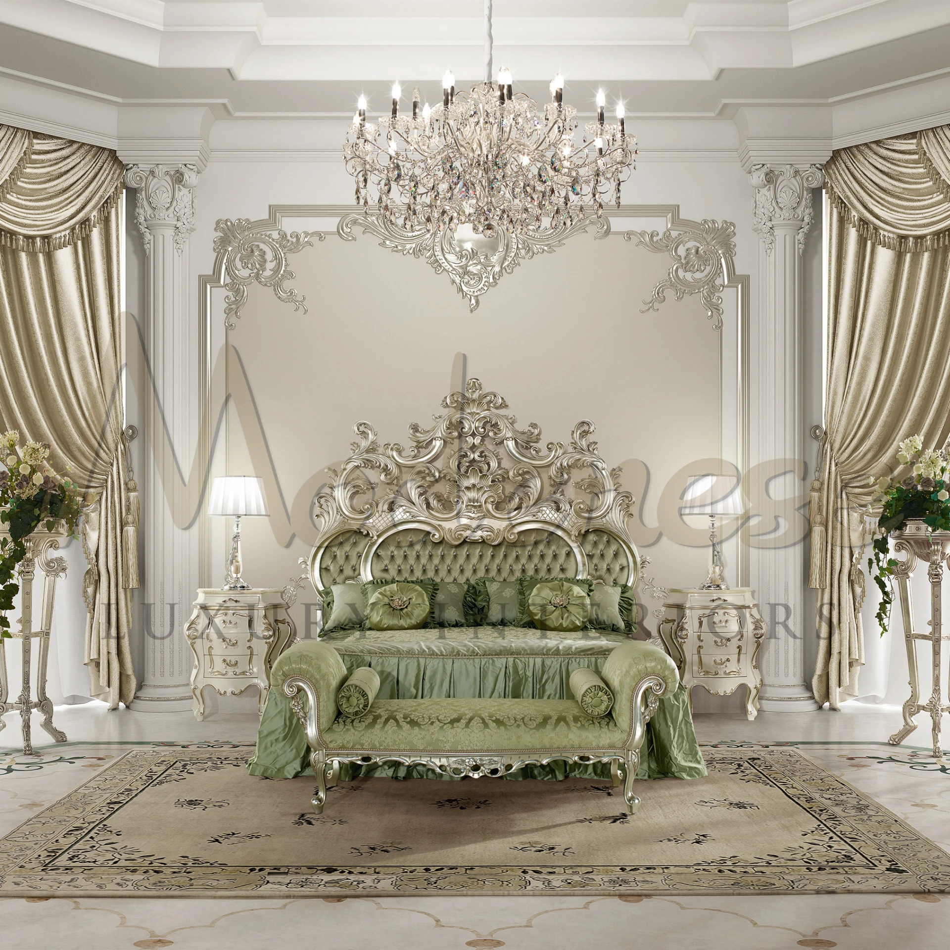 Regal bedroom featuring an elaborate Modenese Furniture bed with gilded accents, plush green fabric, ornate side tables, and a dazzling chandelier overhead.