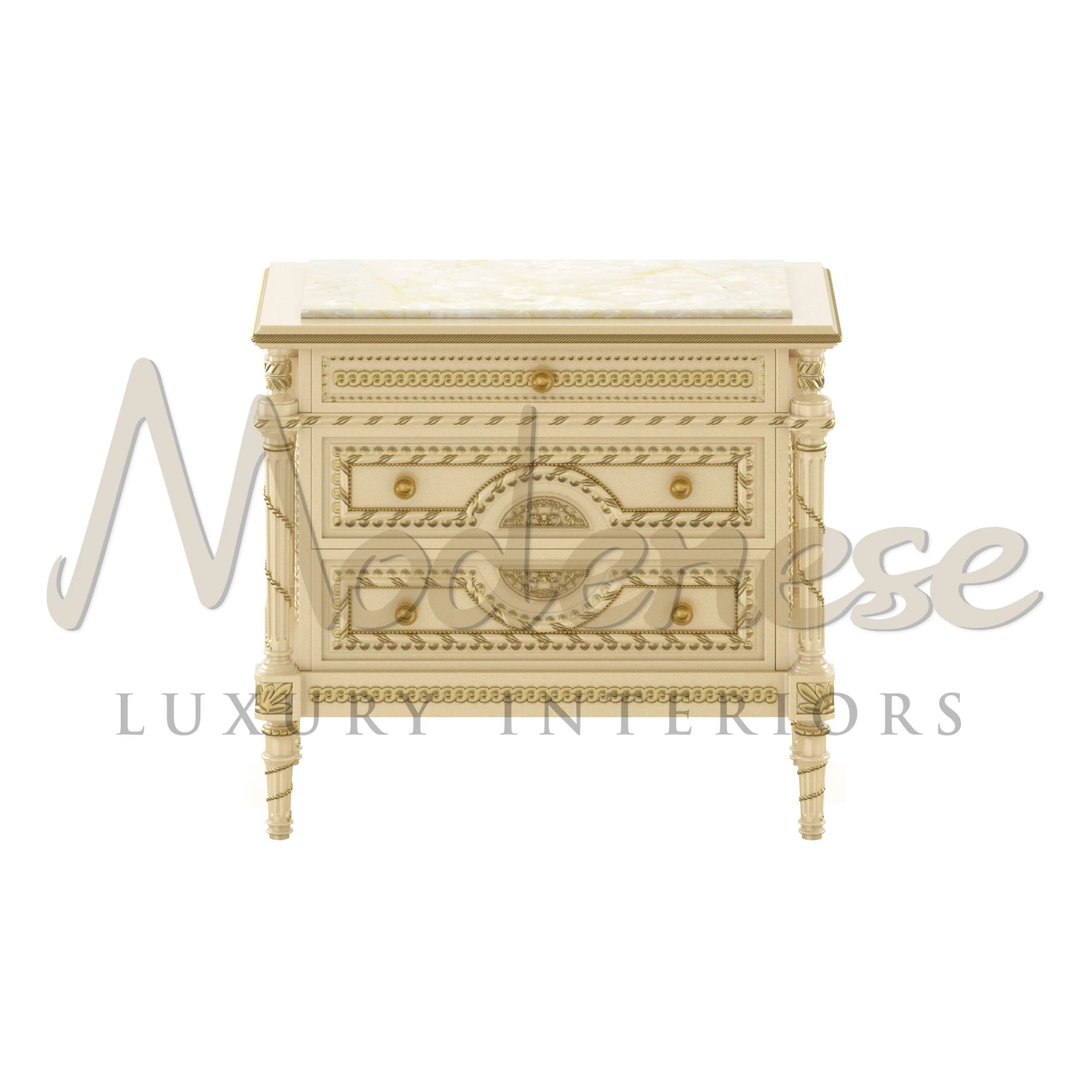 
An ornate luxury cream-colored nightstand with marble top, detailed carvings, and brass drawer pulls from Modenese Furniture Manufacturer made in Italy.